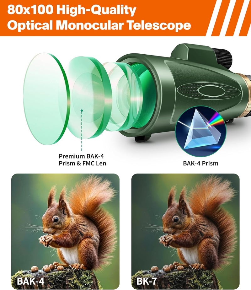 KTBDING Monocular Telescope 80x100 High Power with Smartphone Adapter Tripod,Larger Vision Monoculars for Adults with BAK4 Prism & FMC Lens, Suitable for Bird Watching Hunting Hiking Camping Wildlife-Green - Image 3